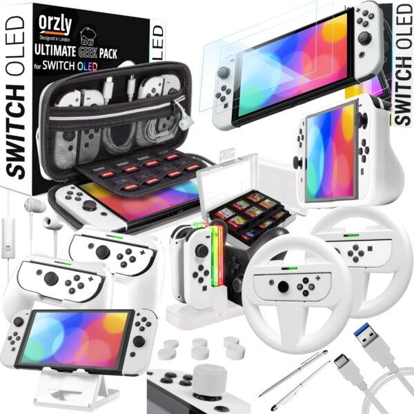 Orzly Accessory Bundle Compatible with Nintendo Switch - OLED Geek Pack: Case, Screen Protector, Joycon Grips, Racing Wheels, Controller Charging Dock, Comfort Grip Case White