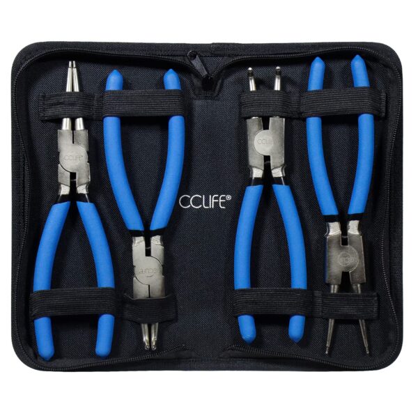 CCLIFE 4-piece snap ring pliers, circlip pliers set, 225 mm pliers, straight and curved for retaining rings inside/outside